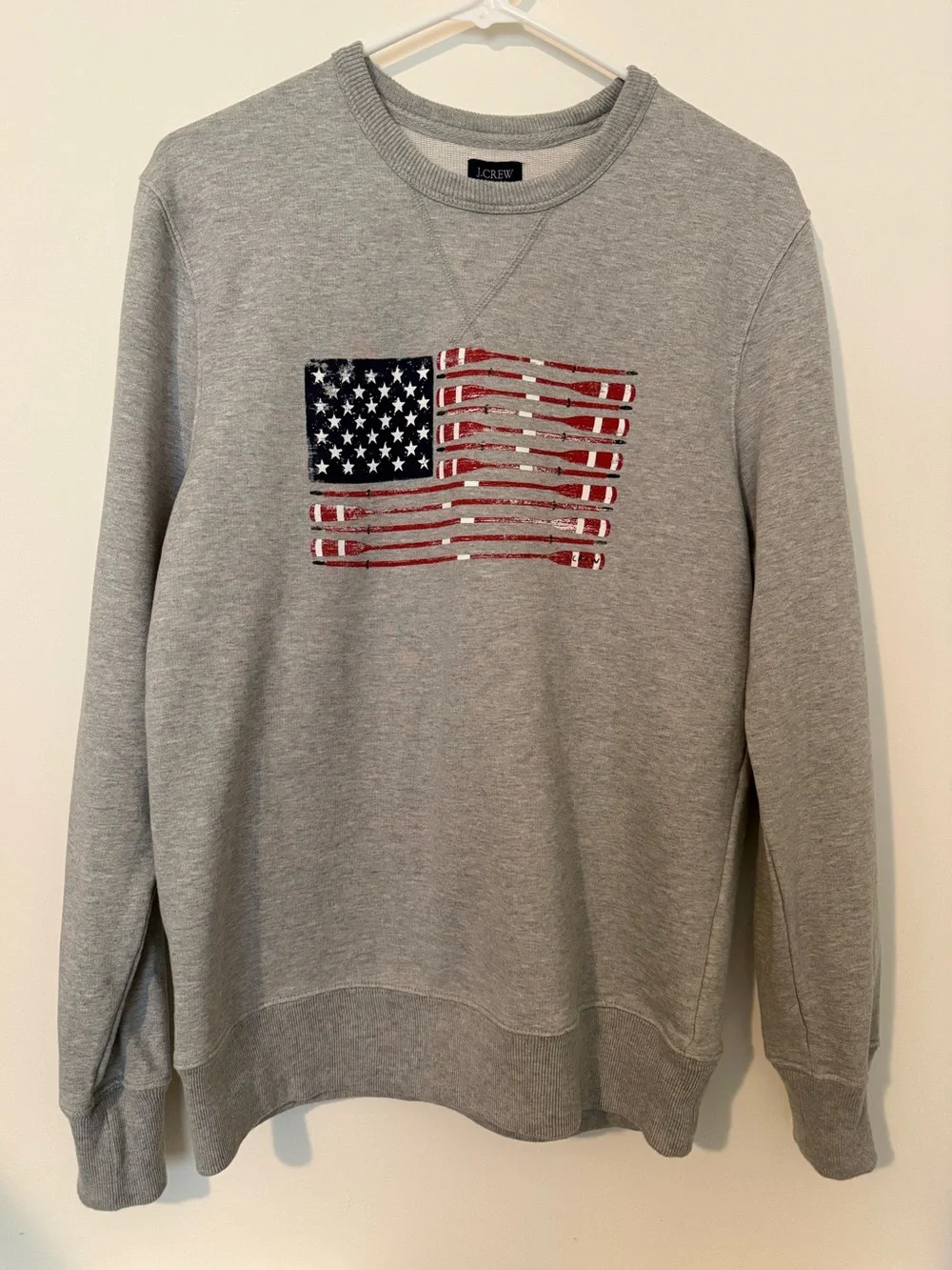 Men’s J. Crew Gray Crewneck Sweatshirt with American “Oars” Flag Graphic